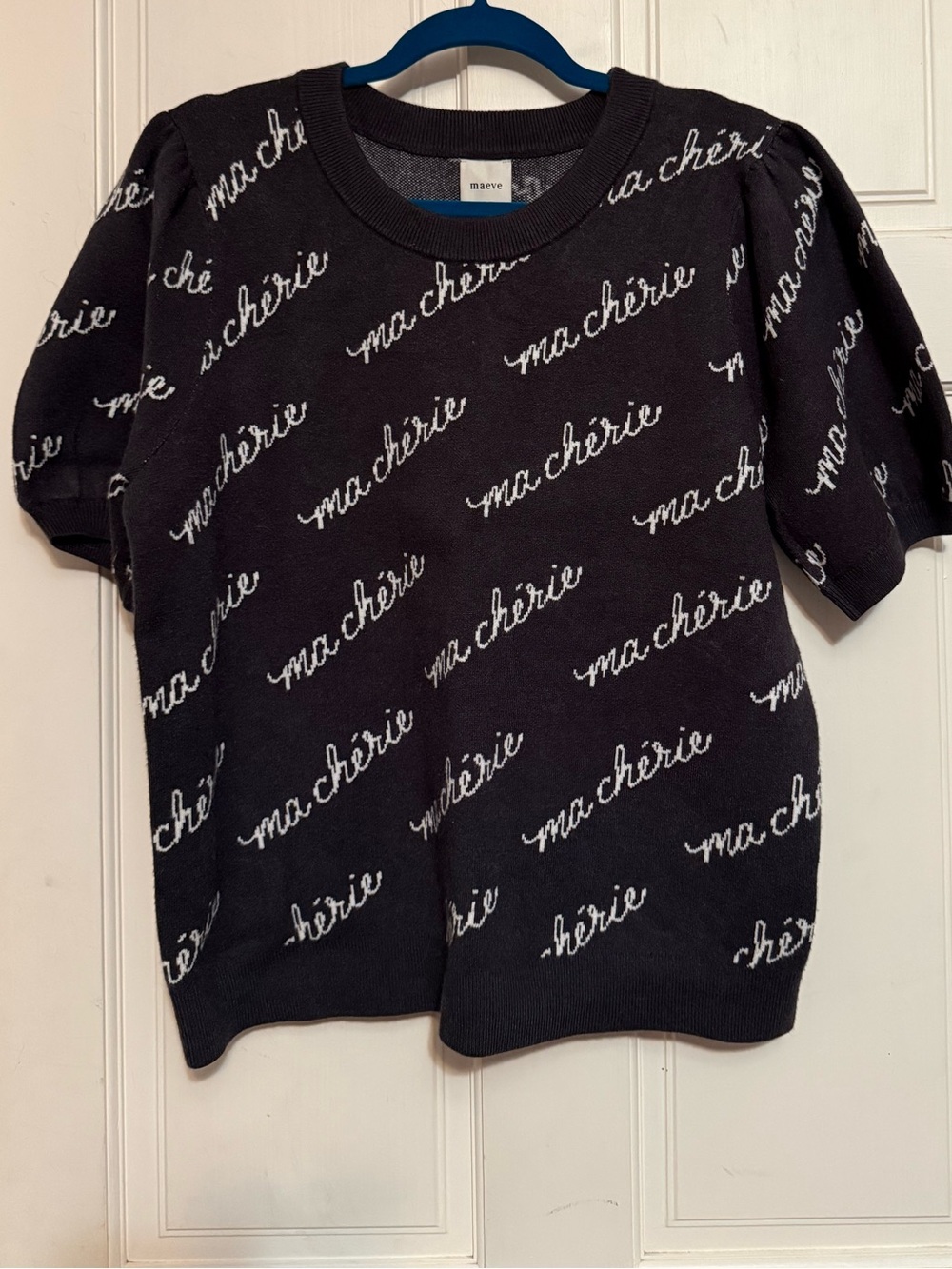 Anthropologie - Maeve Black Knit Top with White "ma chérie" Script - NWOT